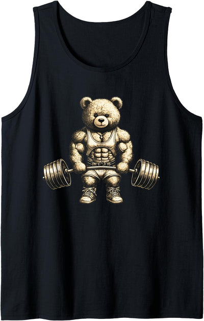 Funny Teddy Bear Lifting Weights Gym Workout Animal Tank Top