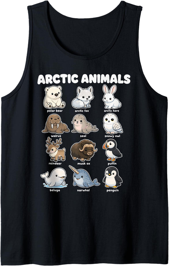 Snowy Tundra Critter Trail Arctic Animals Polar Bear Fox Seal Cute Zoo Chart Tank Top - Black