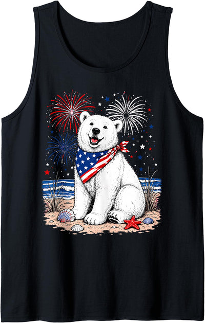 Happy Polar Bear Patriotic Beach Fireworks 4th July Tank Top