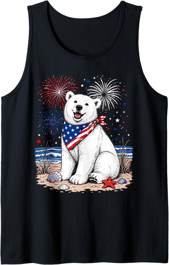 Patriotic Polar Bear Happy Beach Art Co Happy Polar Bear Patriotic Beach Fireworks 4th July Tank Top - Black