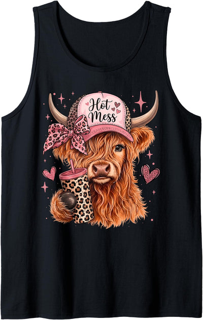 Girls Women Hot Mess Leopard Highland Cow Meme Funny Coffee Tank Top
