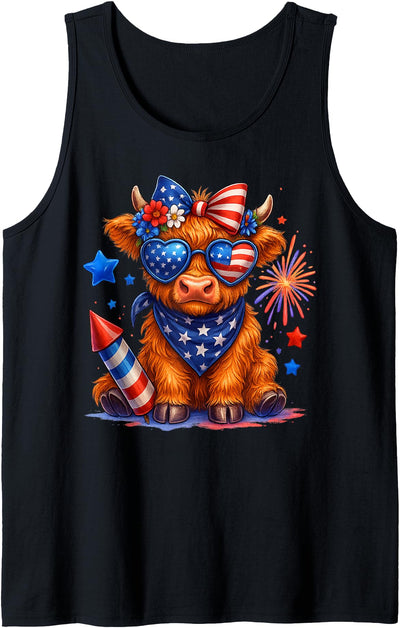 Cute Coquette Highland Cow 4th of July Patriotic Coquette Tank Top