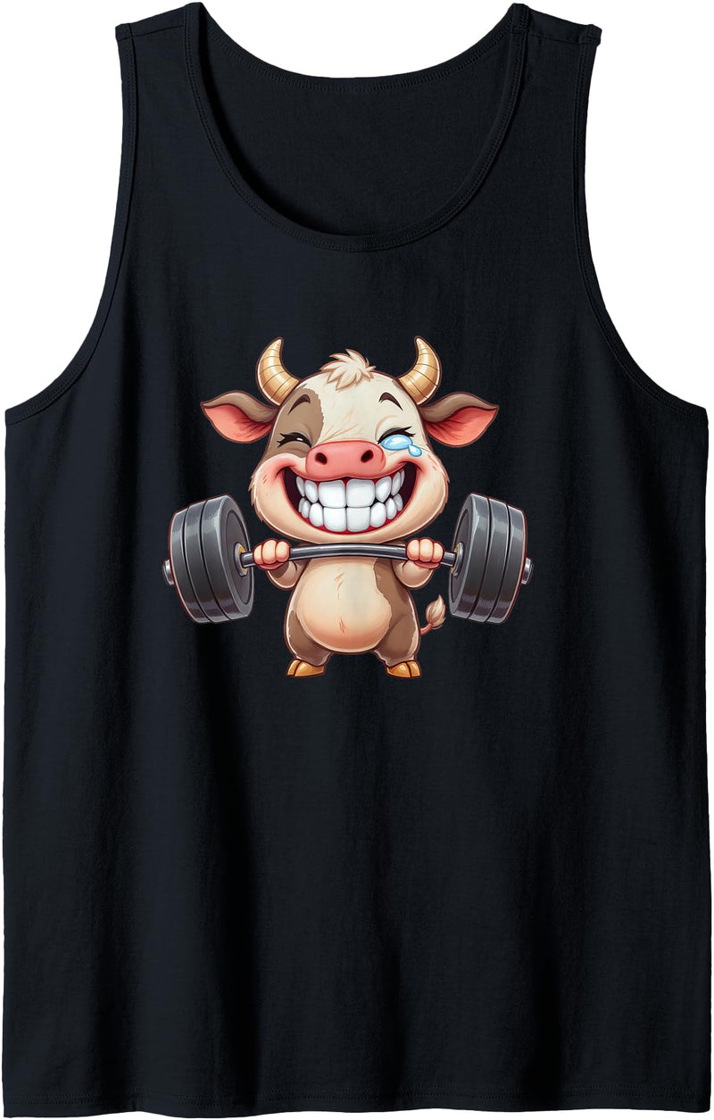 Cute Gym Cow Weightlifting Animal Workout Funny Cow Lifting Barbell Strength Workout Fitness Tank Top - Black