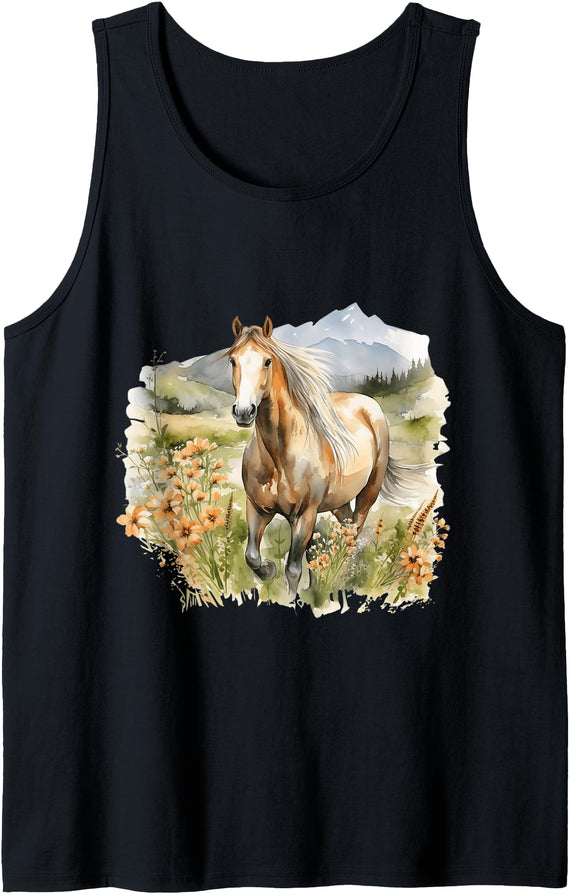 Horse Watercolor Wild Palomino Pony Equine Animal Palomino Horse Watercolor Wild Palomino Pony Wildflower Tank Top - Black