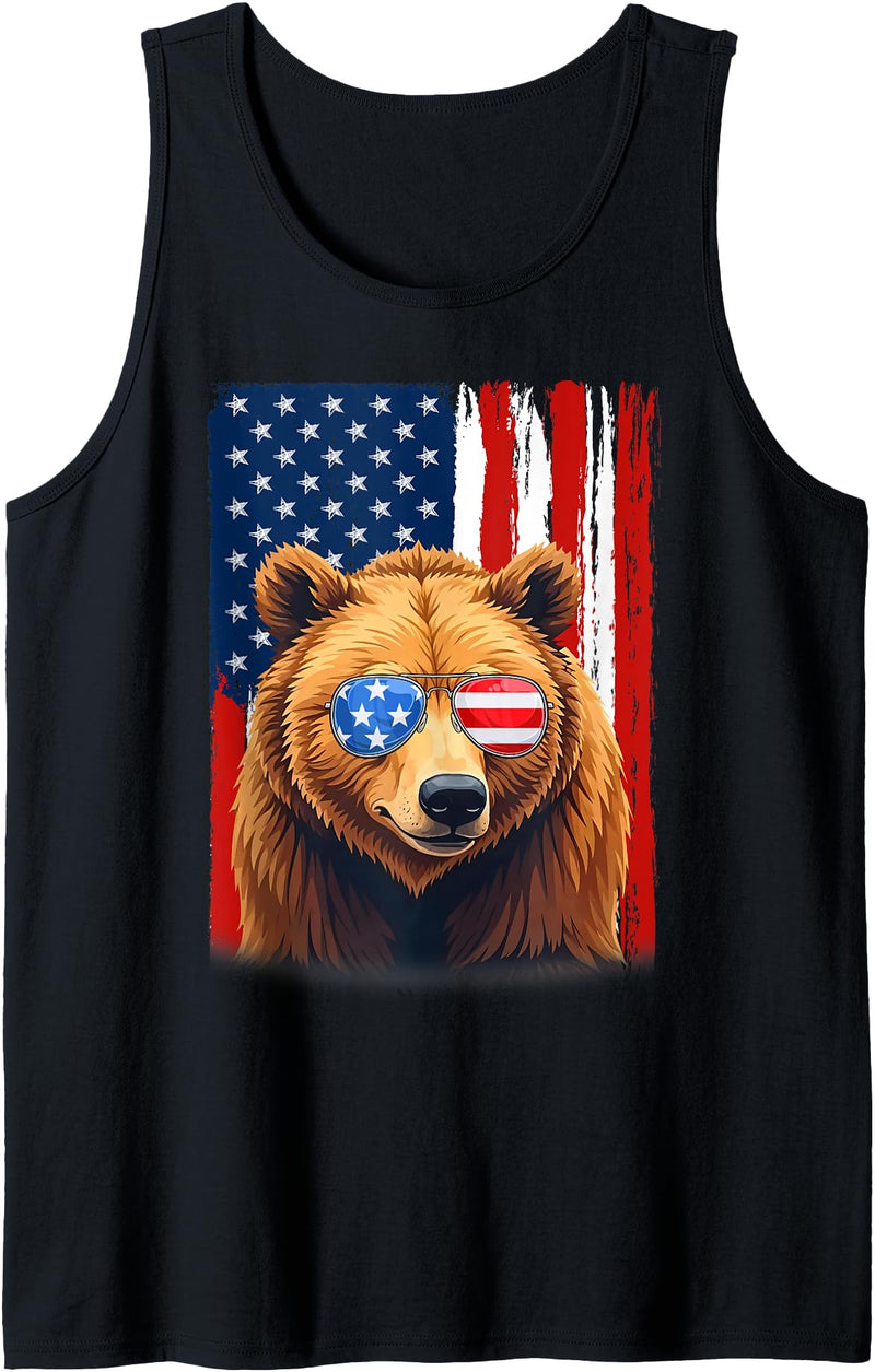 Patriotic USA Flag Grizzly Bear 4th of July Co. Grizzly Bear US America Flag Men Women 4th of July Patriotic Tank Top - Black