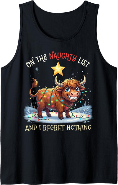 Naughty List Regret Nothing Christmas Highland Cow Tank Top