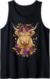 Boho Scottish Highlander Cow Apparel Cute Floral Boho Scottish Highlander Cow Wildflower Graphic Tank Top - Black