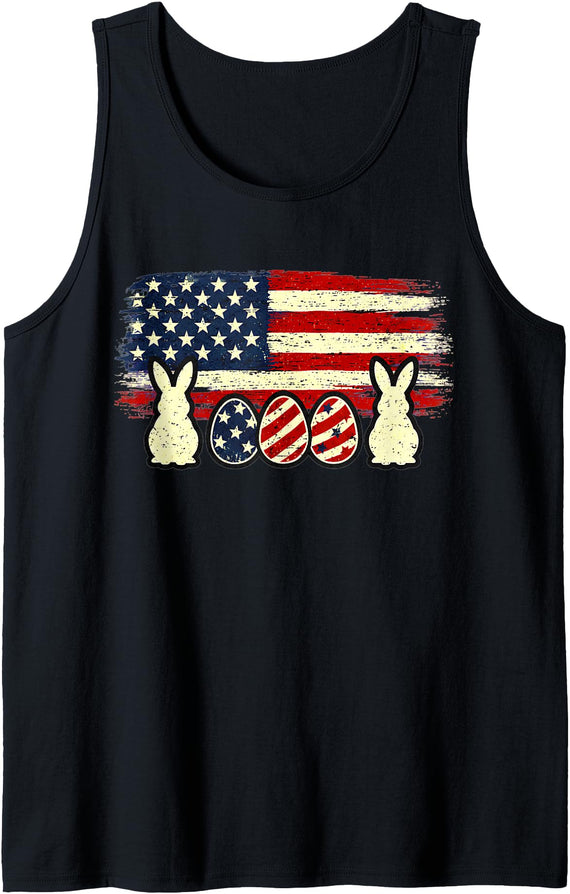 Easter Egg Bunny American Flag Patriotic USA Men Women Tank Top in Black
