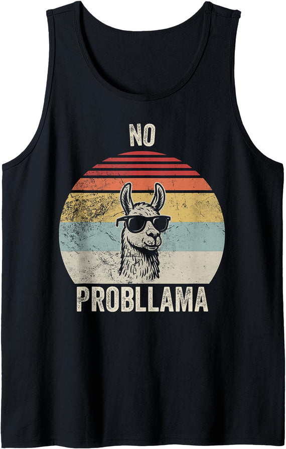 Retro Vintage Cool Llama Fun Humor No Probllama Cool Llama Sunglasses Joke Tank Top - Black