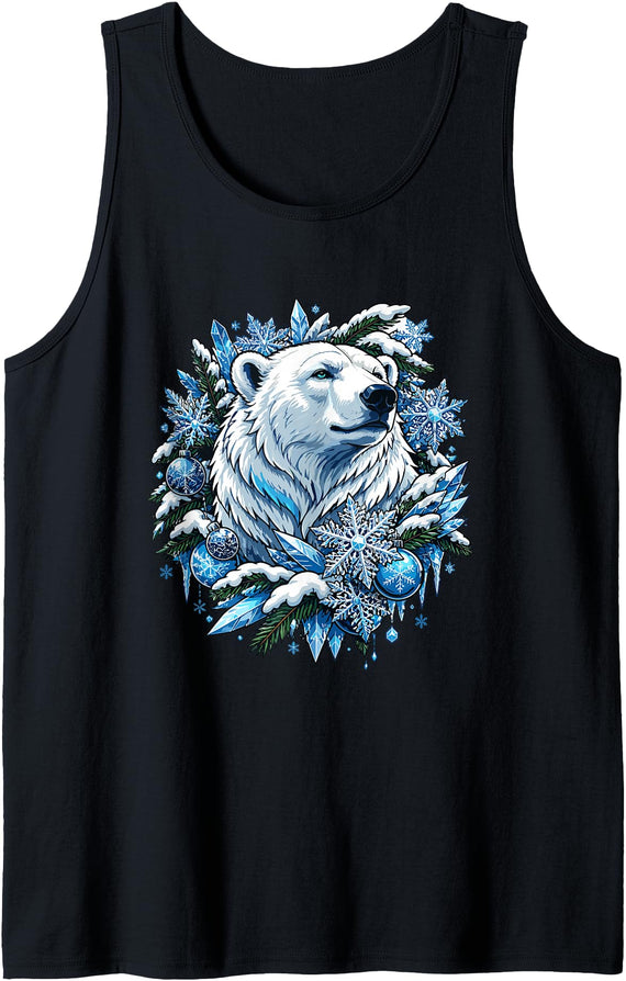 Arctic Polar Bear Winter Snowflakes Christmas Polar Bear Wreath Ice Crystals Tank Top - Black
