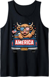 America Highland Cow Fireworks Truck Parade Gifts Patriotic Truck Highland Cow Cute 4th of July American Flag Tank Top -