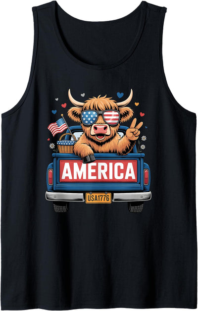 Patriotic Truck Highland Cow Cute 4th of July American Flag Tank Top