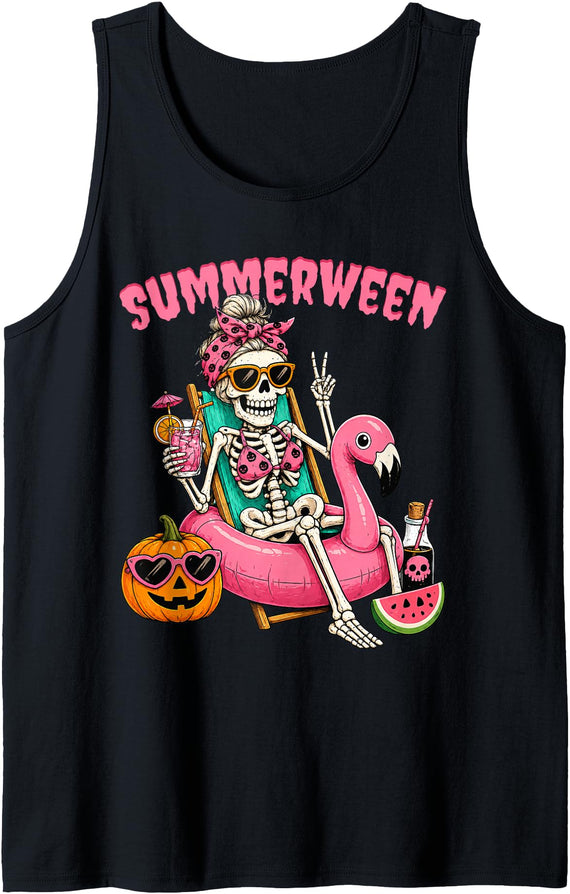Spooky Summerween Summer Halloween Women Mom Mama Summerween Funny Girl Skeleton Coquette Leopard Bow Tank Top - Black