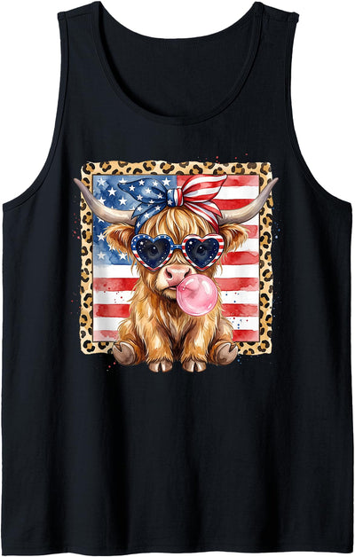 4th of July Highland Usa Flag Patriotic Cow Farmer Cow Tank Top