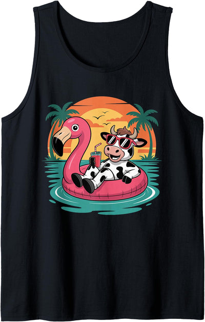 Funny Cow Hawaiian Float Beach Summer Vacation Cow Tank Top