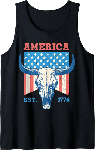 Nyc Vintage Bull Skull Cow American Flag 1776 Patriot Tank Top