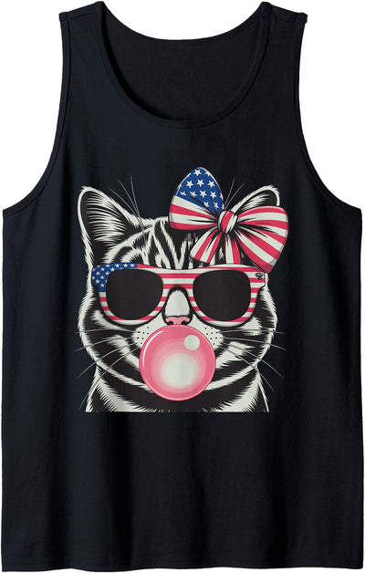 4Th Of July Cat Bubble Gum Glasses Coquette Patriotic Cat 4Th Of July Bow American Flag Girls Women Tank Top