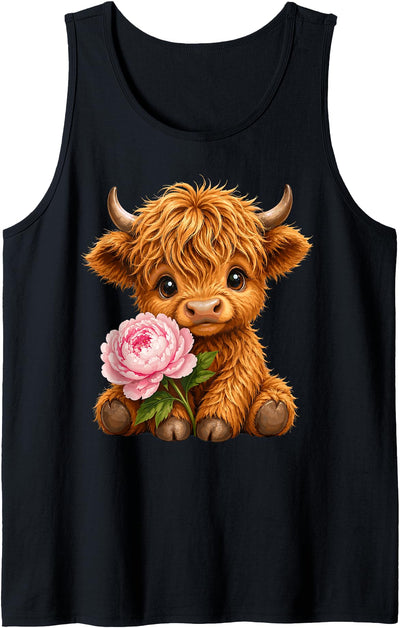 Kids Girls Women Highland Cow with Peony Tank Top