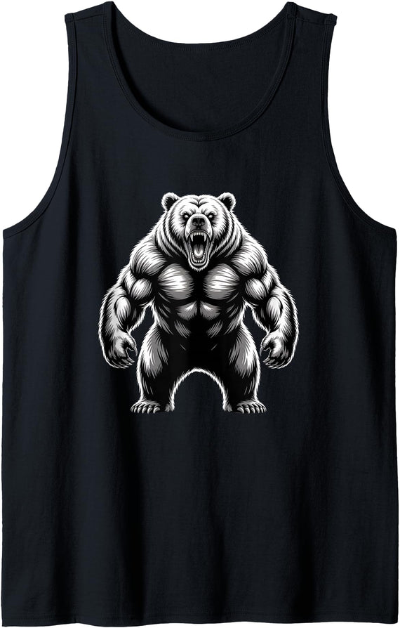 Muscle Bear Grizzly Bear, Strength Symbol Fierce Grizzly Bear Roar Graphic for Outdoor Enthusiasts Tank Top - Black