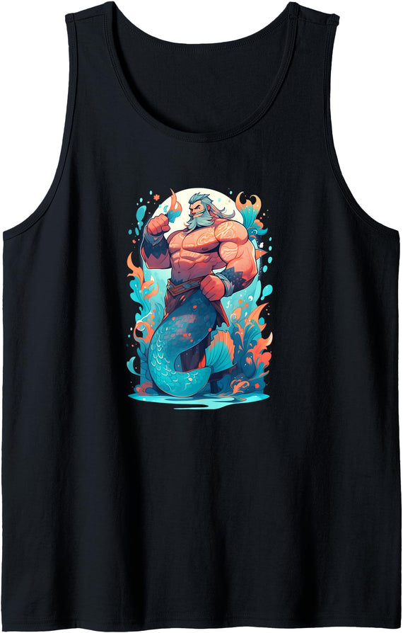Gay Pride Merman Bear Muscle Daddy Hunk Mermaid Merdaddy Security Merman Daddy Fish Father's Day Mermaid Men Tank Top - Black