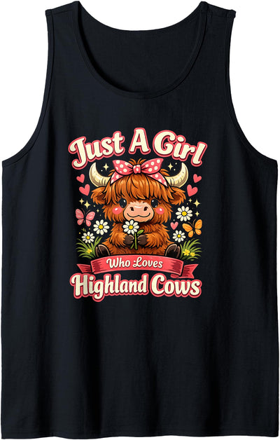 Just a Girl Who Loves Highland Cows Cute Floral Cow Art Tank Top