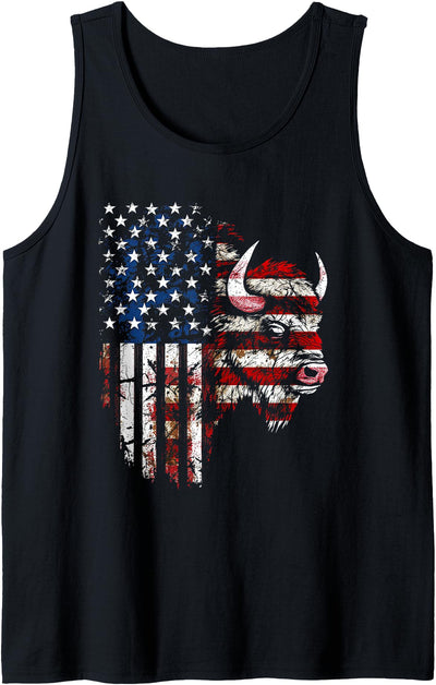 Cow Vintage Buffalo Head with American Flag Overlay Tank Top