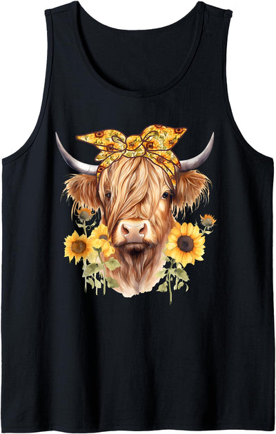 Cute Scottish Highland Cow Wearing Sunflower Bandana Heifer Tank Top