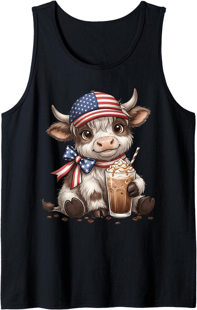 American Highland Cow Usa Flag Patriotic 4th of July Tank Top