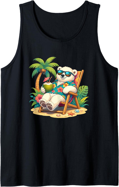 Tropical Polar Bear Summer Beach Vibes Relaxed Polar Bear Hawaiian Shirt Summer Beach Tank Top
