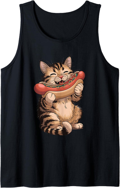 Animal Cat Hot Dog Hotdog Pet Foodie Cat Eating Hot Dog Tank Top