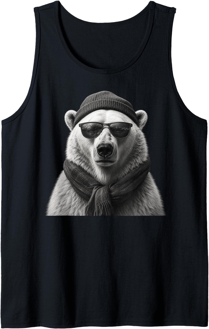 Polar Bear Enthusiast Polar Bear in Sunglasses Monochrome Illustration Tank Top - Black