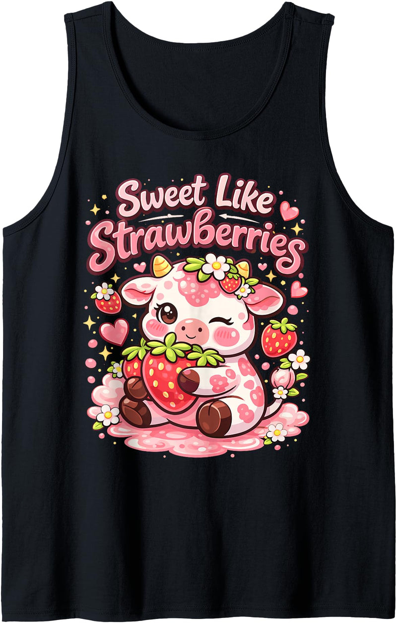Sweet Like Strawberries Cute Cow Kawaii Fruit Tank Top - Black