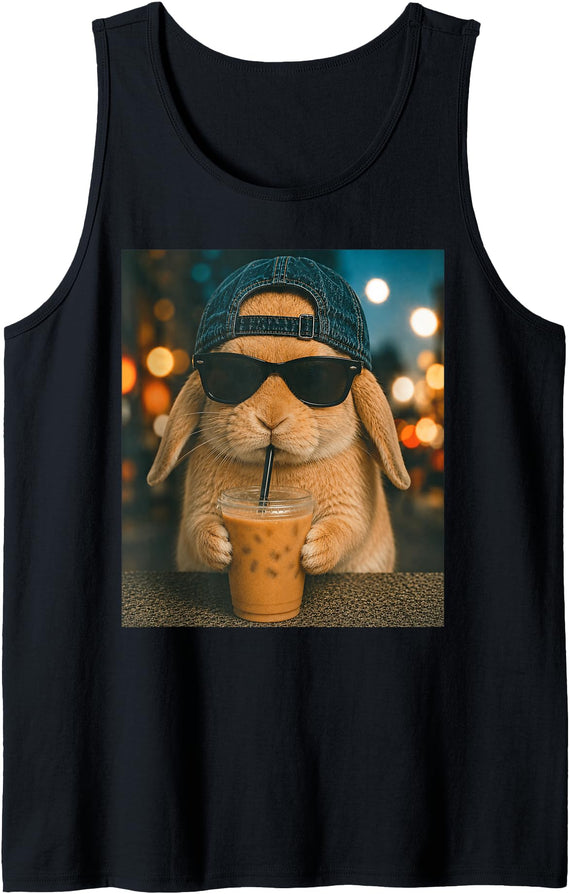Funny Rabbit Drinking Iced Coffee Bunny Tank Top in Black