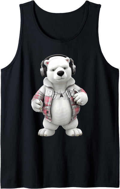 Cool Polar Bear Headphones Plaid Jacket Design Tank Top