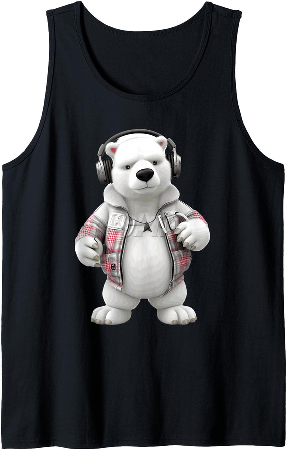 Arctic Beats Designs Cool Polar Bear Headphones Plaid Jacket Design Tank Top - As Pictured