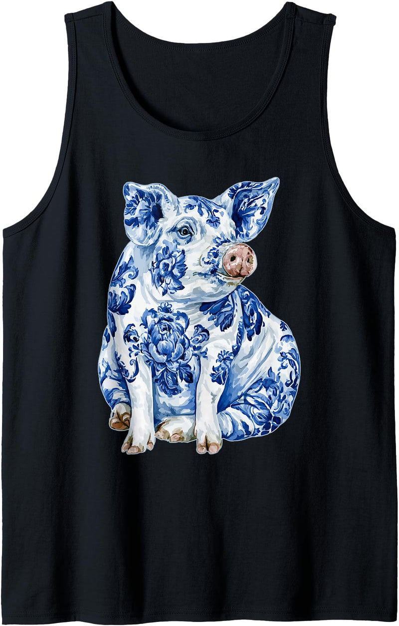 Artistic Blue Floral Animals Art Designs Co Pig with Flowers Chinoiserie Blue Toile Floral Delft Art Tank Top - Black