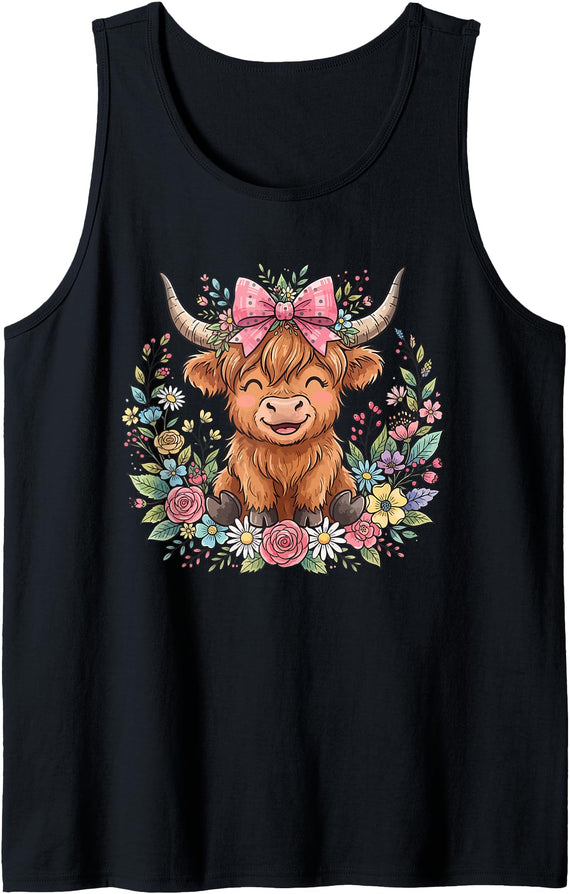 Highland Cow Funny Saying Highland Cow Bow Flowers Tank Top - Black