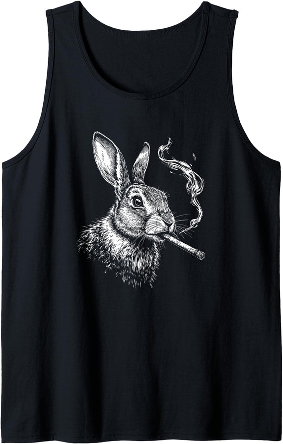Bunny Smoking a Cigarette, Funny Rabbit Animal Art Graphic Tank Top in Black