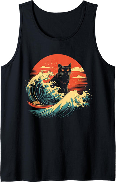 Black Cat Japanese Wave Vintage Apparel Co. Cat Japanese Wave Surfer Surf Vintage Funny Black Cat Lover Tank Top