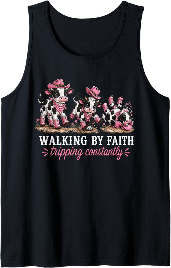 Dairy cow Walking By Faith Tripping Constantly Walking By Faith Tripping Constantly Cute Dairy Cow Tank Top - Black