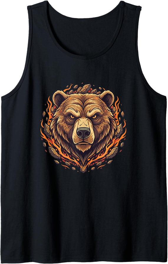 Wild Grizzly Bear Fire Mountain Nature Fiery Grizzly Bear Head Flames Wilderness Tank Top - Black