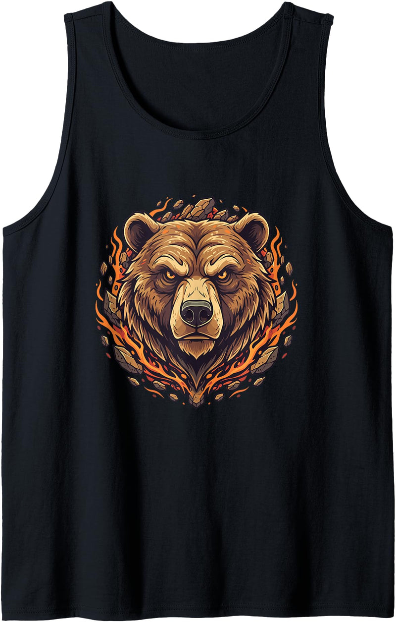 Wild Grizzly Bear Fire Mountain Nature Fiery Grizzly Bear Head Flames Wilderness Tank Top - Black