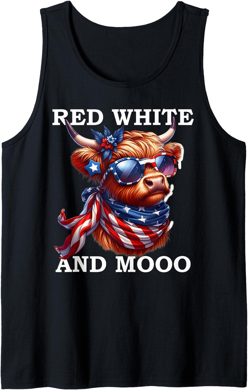 Red White and Moo Patriotic Cow USA Flag Funny Tee Red White and Moo Patriotic Cow USA Flag Funny 4th of July Tank Top -