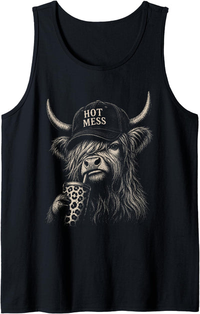 Hot Mess Highland Cow Leopard Funny Coffee Lover Vintage Tank Top