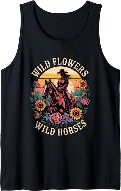 Southern Cowgirl Horse Riding Retro Sunset Tee Wild Flowers Wild Horses Cowgirl Western Retro Sunset Tank Top