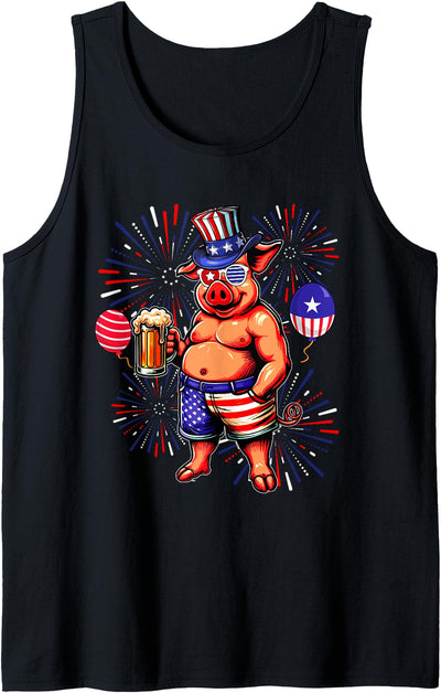 Pig Sunglasses Drinking Beer 4th Of July Farmer Owner Lover Tank Top