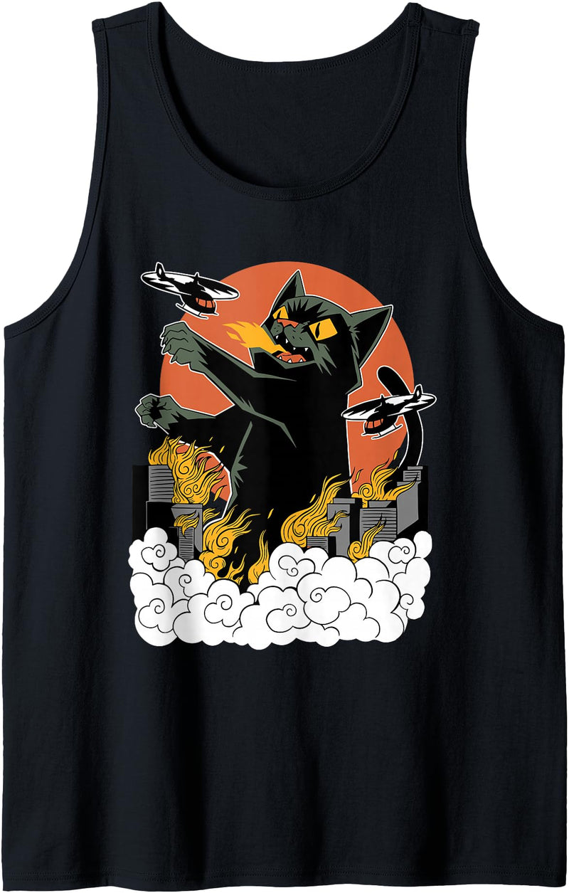 Vintage Sunset Attack Giant Cat Japanese Sunset Catzilla Tank Top - Black