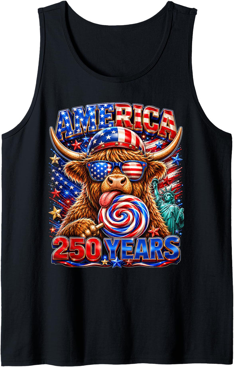 Patriotic Highland Cow Fourth of July USA Flag 1776 2026 America 250th Anniversary Highland Cow 4th of July Tank Top - Black
