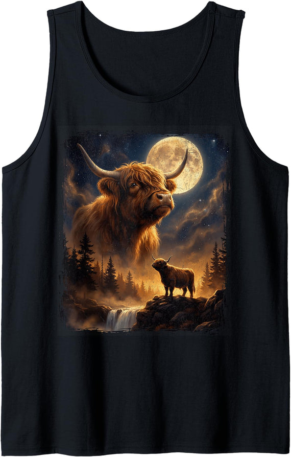 Highland Cow Forest & Moon Aesthetic Gear Mystical Highland Cow Spirit Howling at The Moon Nature Tank Top - Black