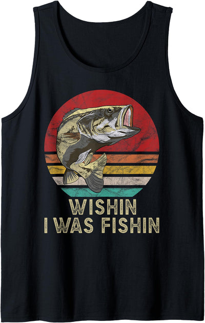 Wishing I Was Fishing Funny Vintage Bass Fish Gifts Tank Top
